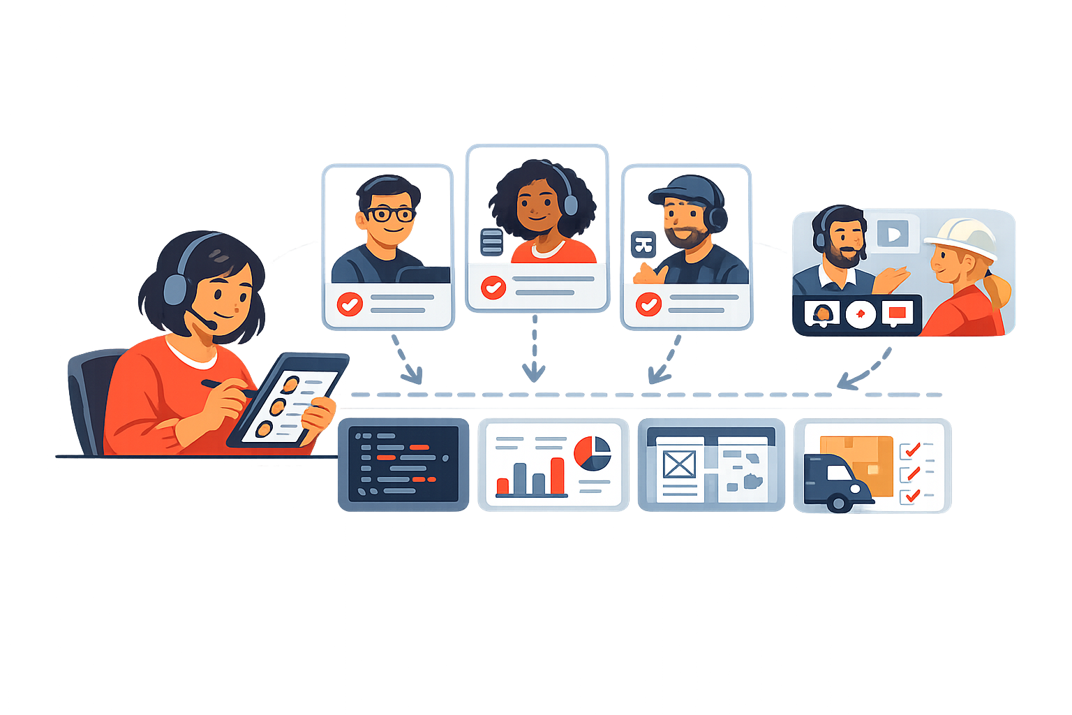 Illustration of an IME Talent coordinator reviewing remote specialist profile cards and work panels.