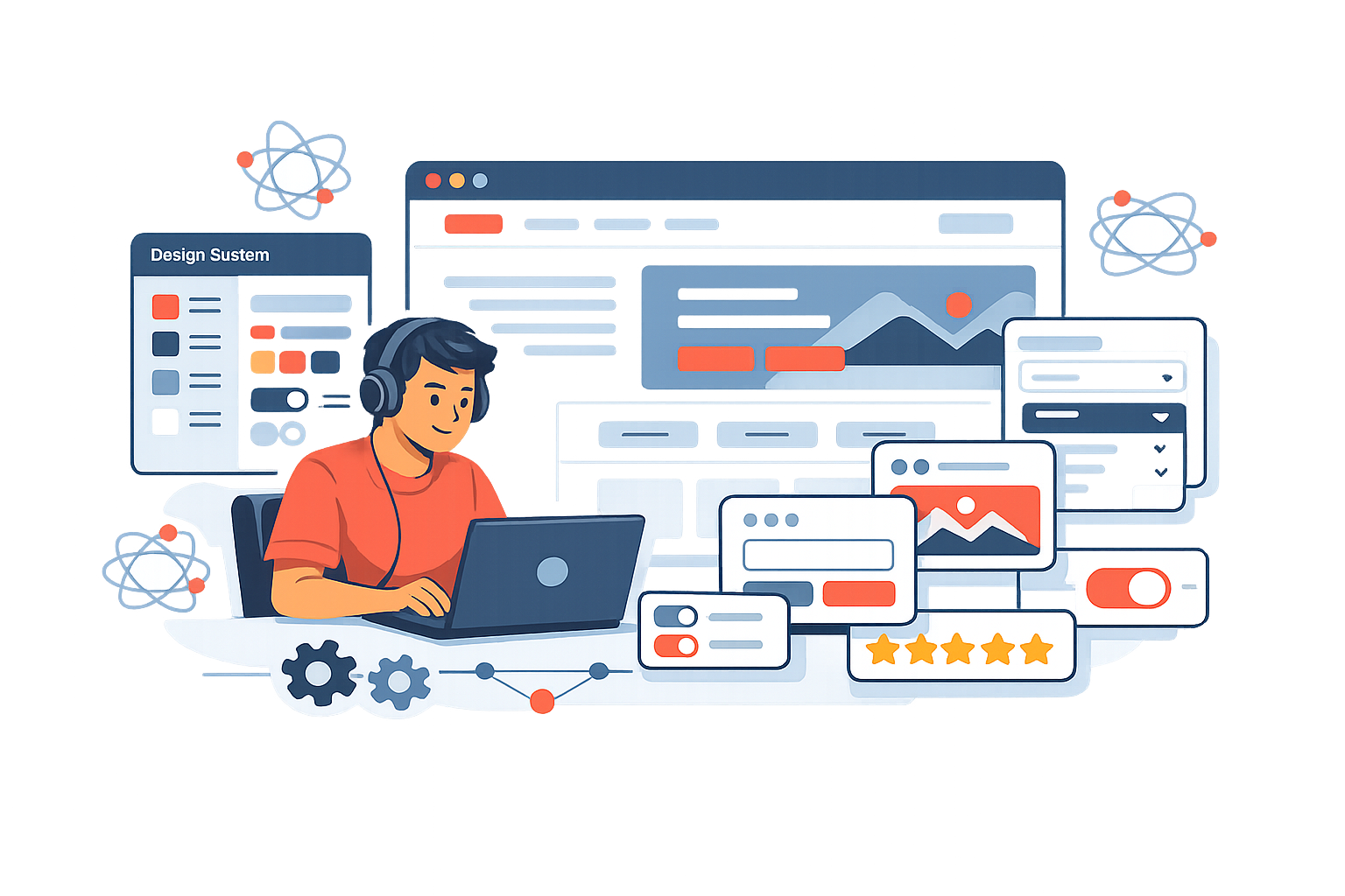 Illustration of a React developer role with orbiting interface components.